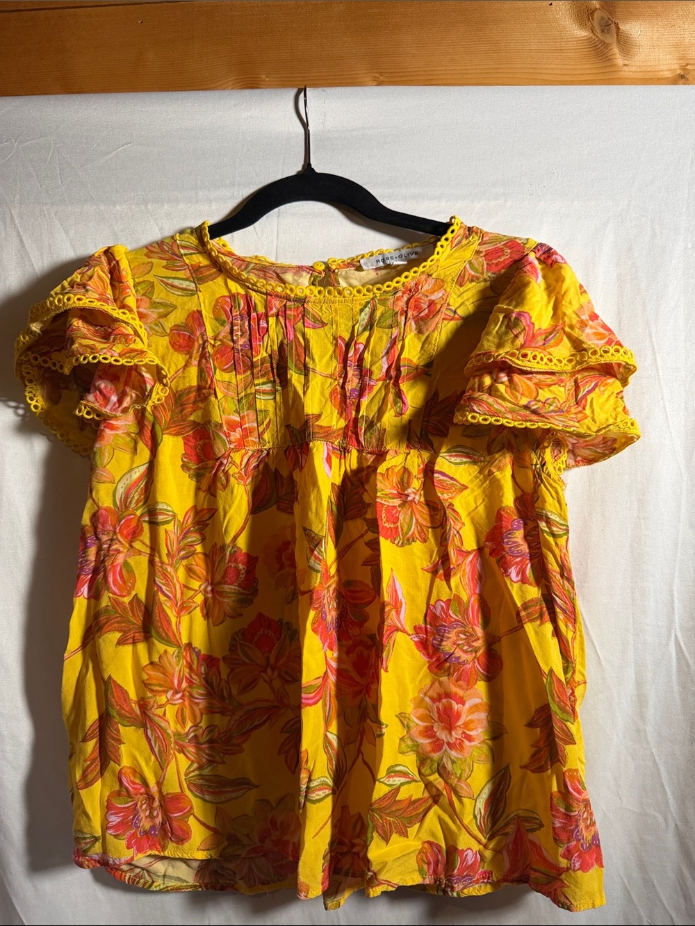 Rose & Olive Yellow Floral Peasant Blouse with Pink & Orange Accents Boho Fall